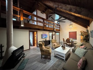 Smart TV, fireplace, books