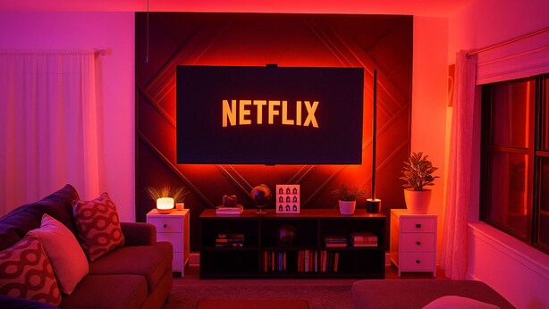 Una sala de estar con una televisión de pantalla plana grande que muestra 'NETFLIX', un sofá, una mesa de centro y una estantería.