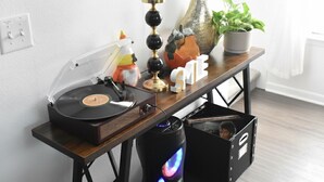 Una sala de estar moderna con una mesa de centro de madera, un tocadiscos de vinilo, objetos decorativos y una planta en maceta.