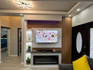 TV, fireplace