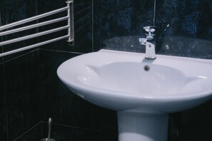 Douche, séchoir à cheveux, serviettes fournies, savon