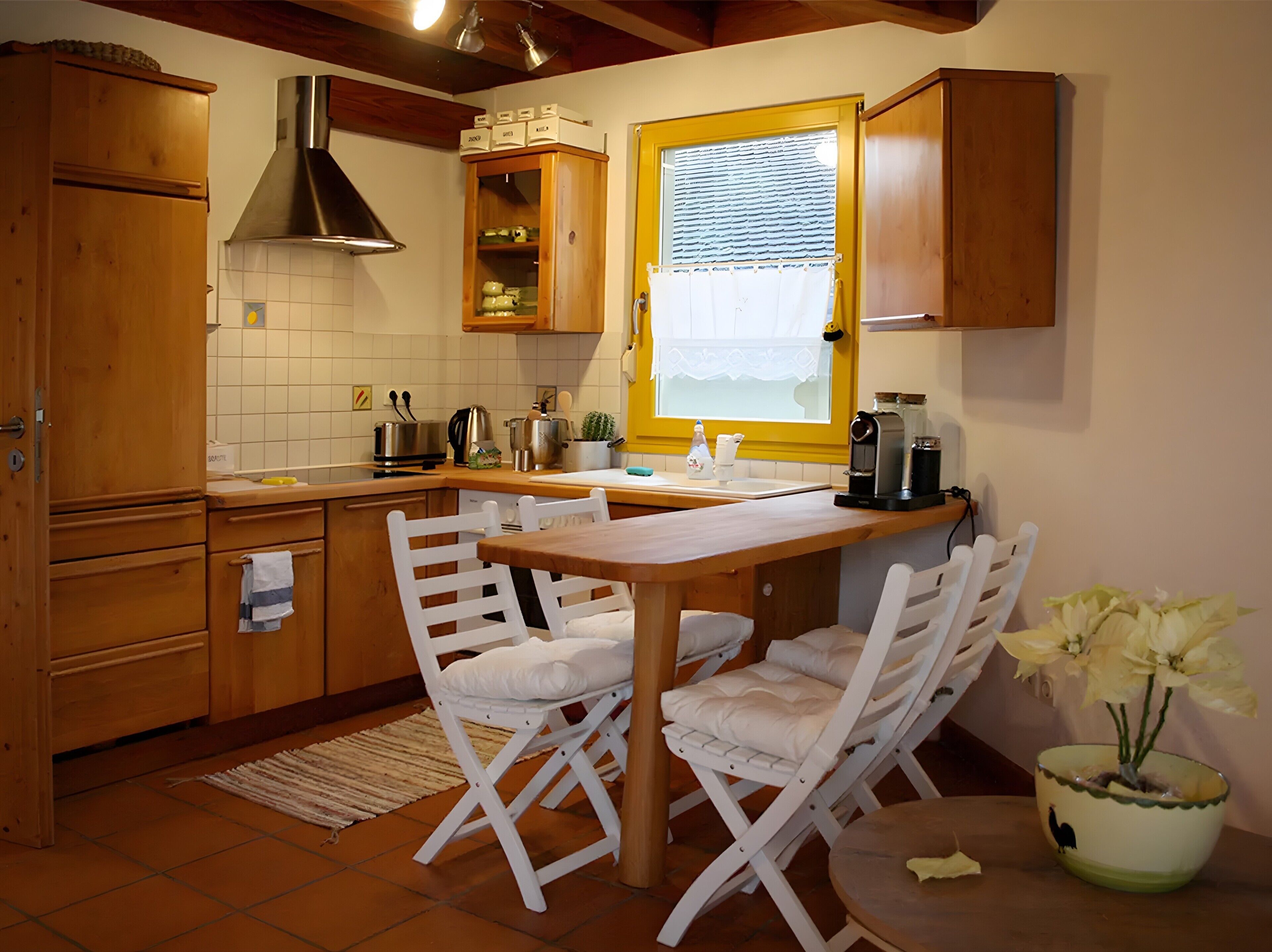 Fridge, stovetop, dishwasher, coffee/tea maker