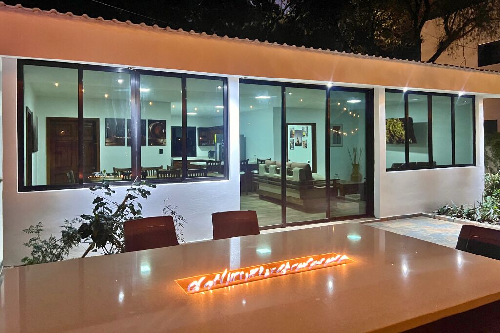 A modern dining area with a long table and chairs, large windows, and indoor plants.