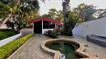 A courtyard with a stone pool, a small building with a red roof, and lush greenery.