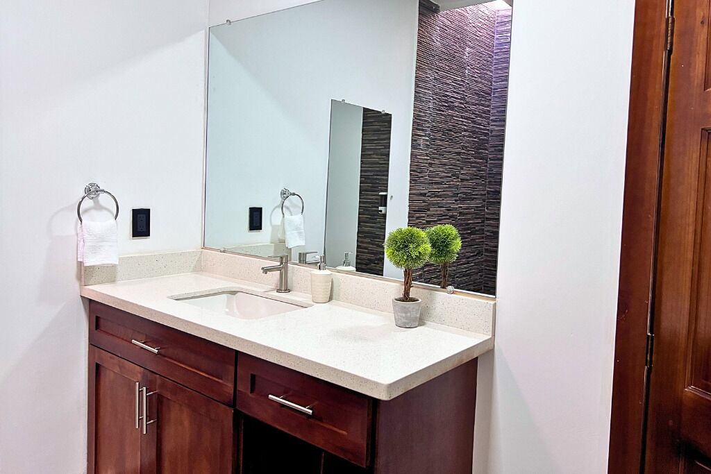 A modern bathroom with a double sink vanity, a large mirror, and a potted plant.