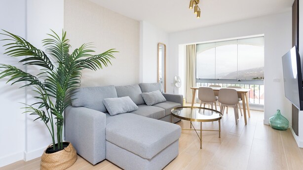 A modern living room with a grey sectional sofa, a round coffee table, and a large potted plant. - Home2Book Serenity Terrace & Pool, La Quinta (Tenerife)