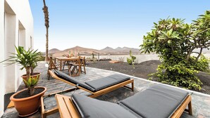 Un patio con sillones de descanso, una mesa y plantas en macetas.