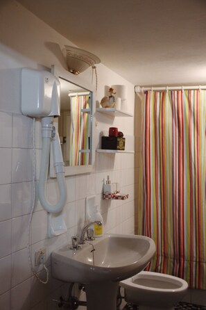 Hair dryer, bidet, towels, shampoo
