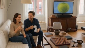 A living room with a sofa, a coffee table with chess pieces, a television, and a lamp.