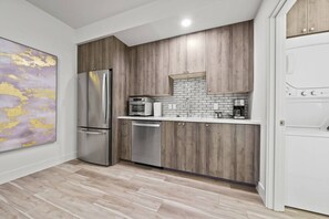 Fridge, microwave, dishwasher, coffee/tea maker