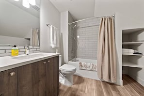 Hair dryer, towels, soap, toilet paper