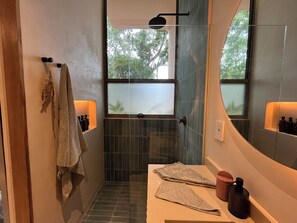 Shower, towels, soap, shampoo