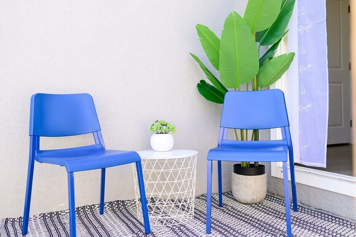 Two blue chairs, a small round table with a white base, and a potted plant with large green leaves.
