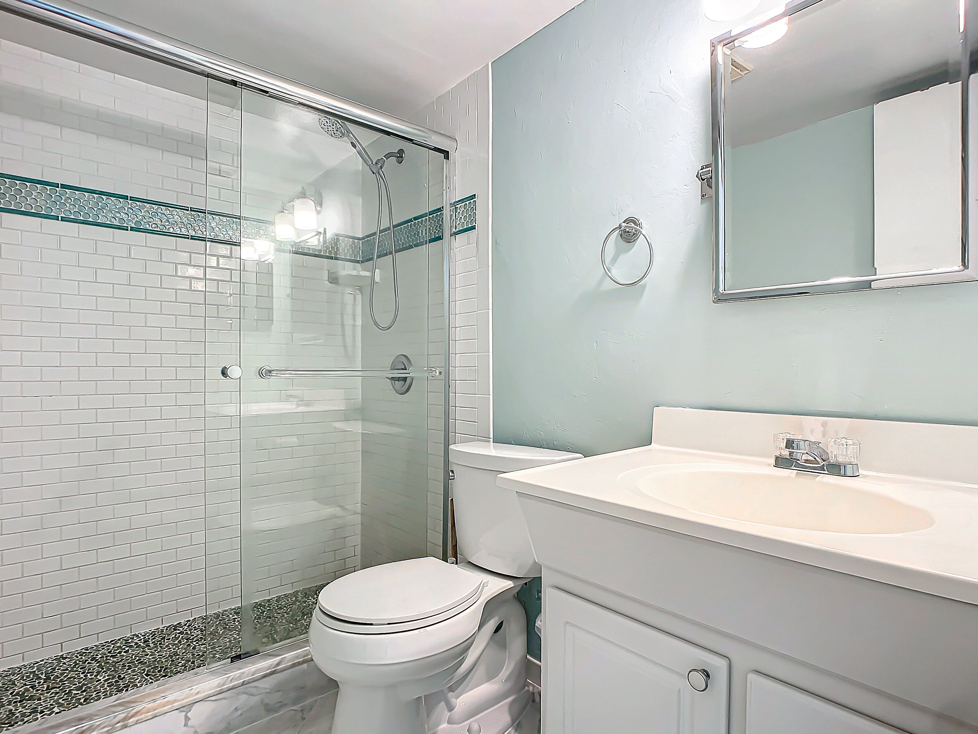 Un baño con ducha de vidrio, inodoro blanco y lavamanos con espejo.