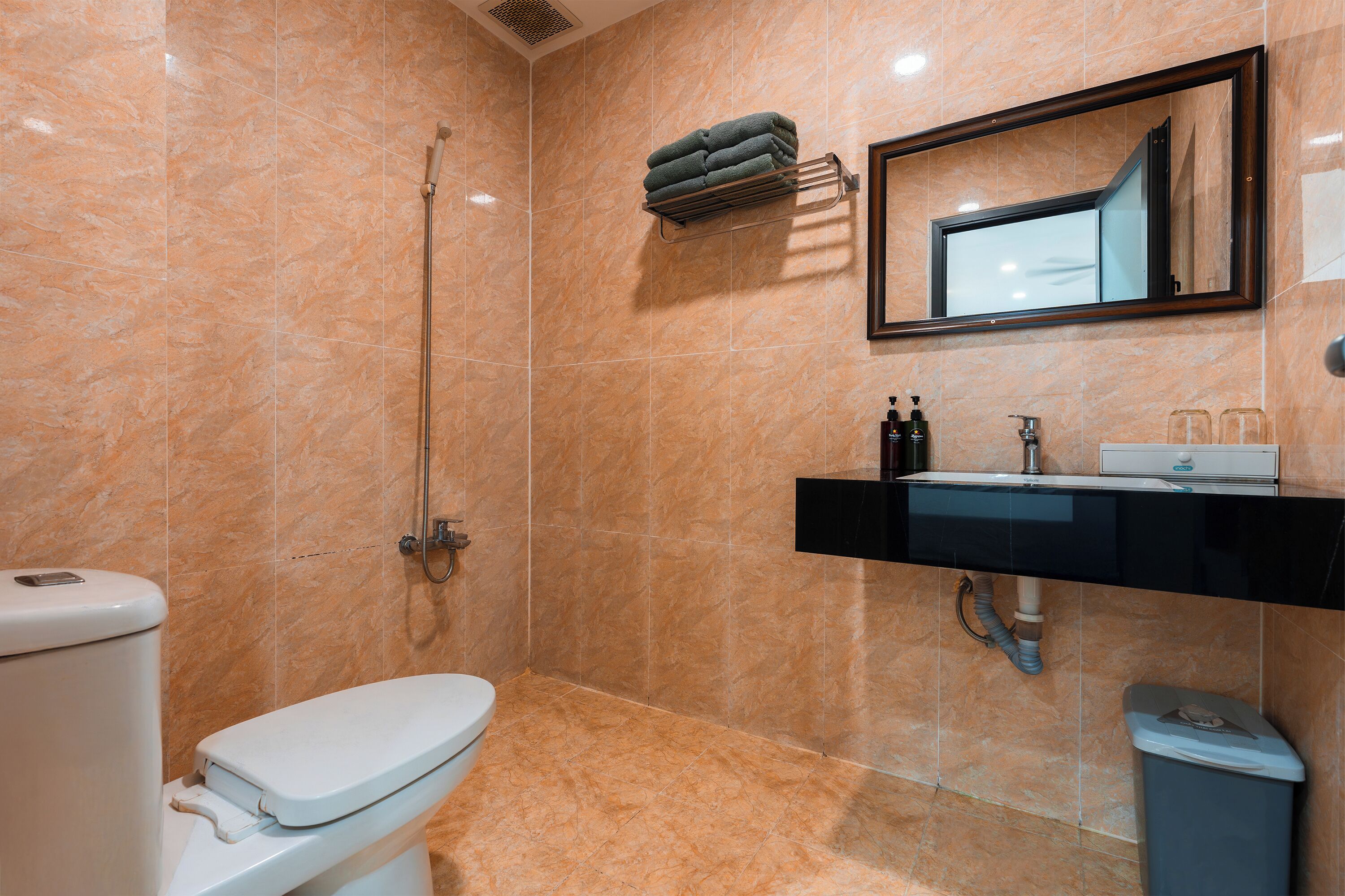 Een badkamer met toilet, wastafel, spiegel, handdoekhouder en douche.