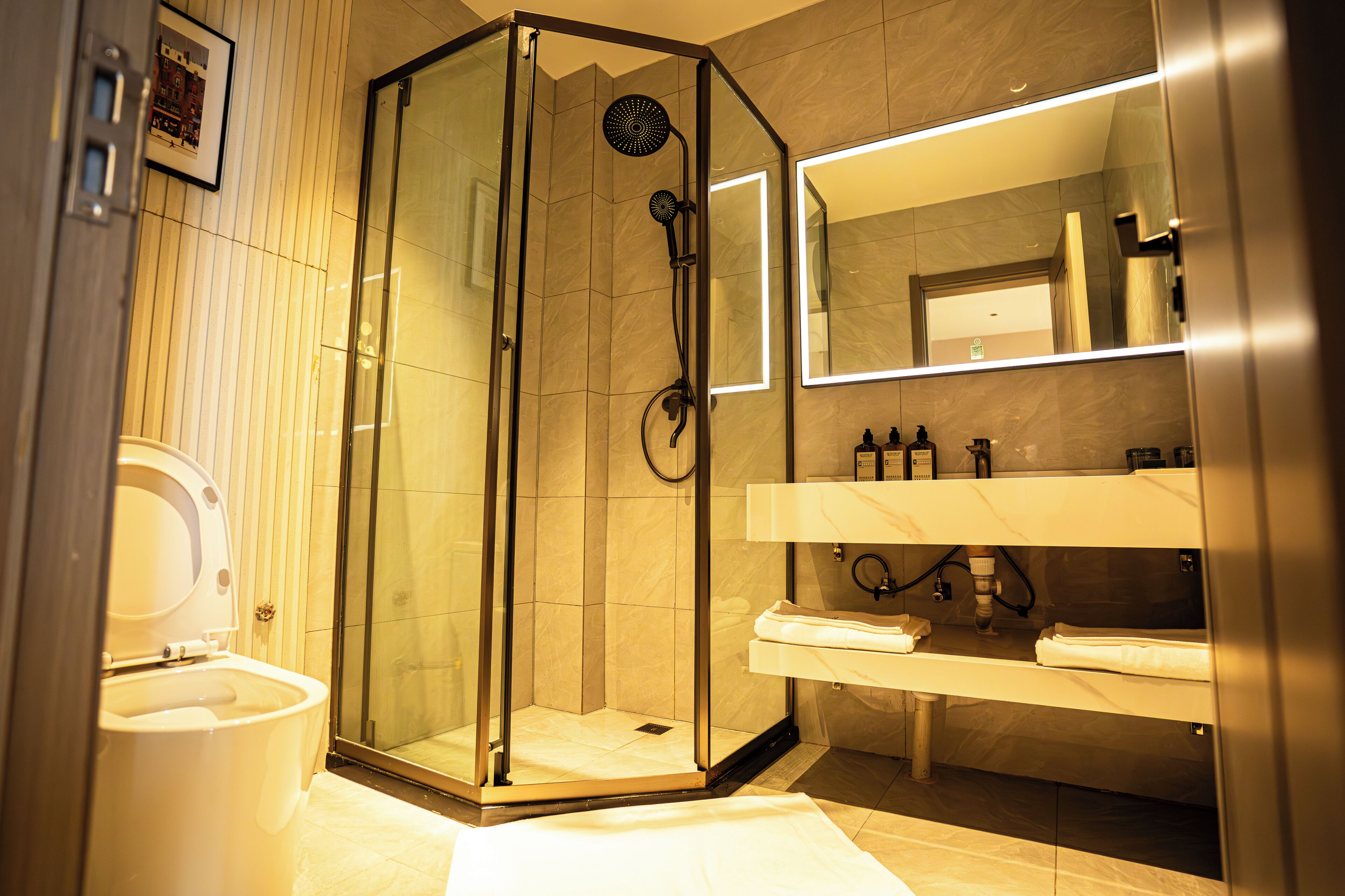 A modern bathroom with a glass-enclosed shower, a toilet, and a vanity with a mirror and shelves.