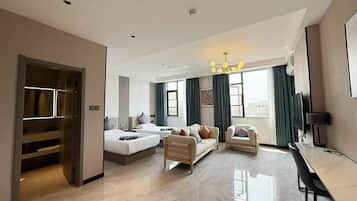 Business Double Room, Multiple Beds | Living area | Computer monitors, printers
