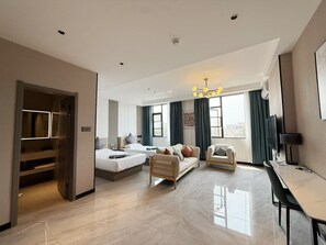 Business Double Room, Multiple Beds | Living area | Computer monitors, printers