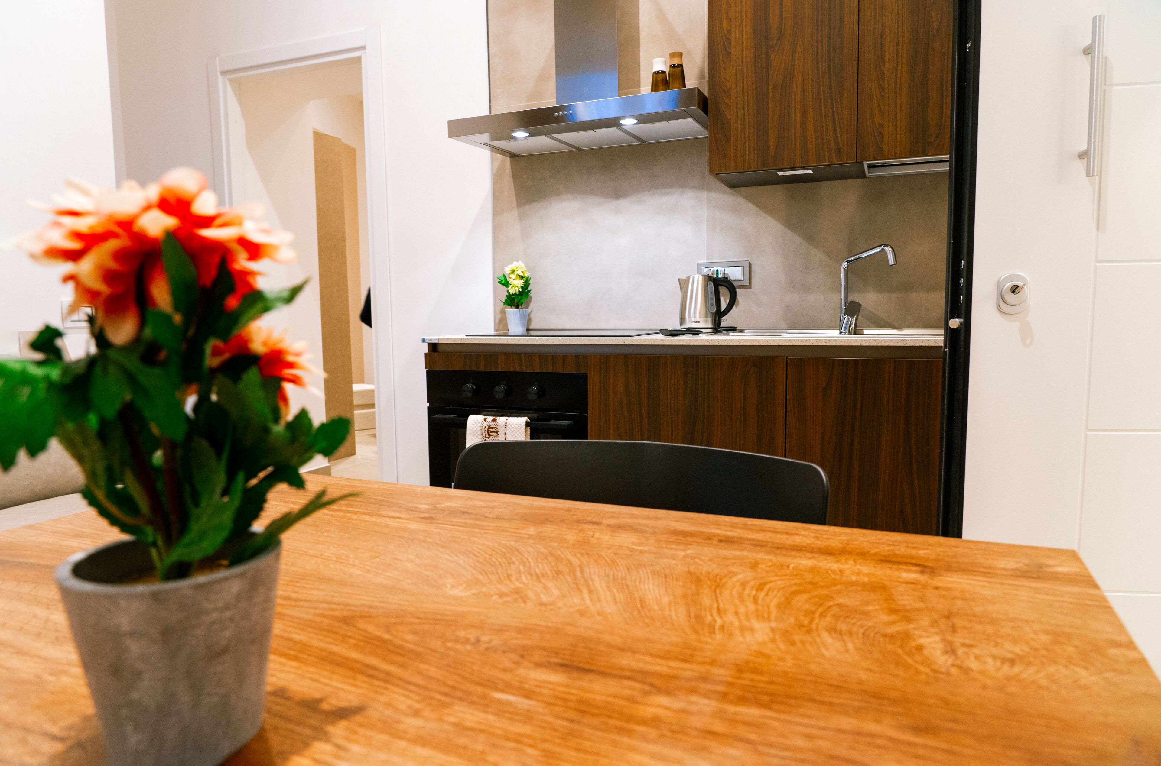 Une cuisine moderne avec des meubles en bois, une hotte en acier inoxydable et un petit îlot central agrémenté d’une plante en pot.