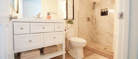 Shower, hair dryer, towels, soap