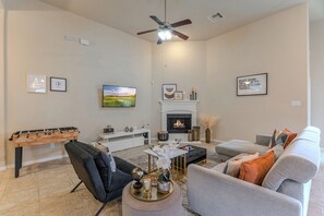 Smart TV, fireplace, table football