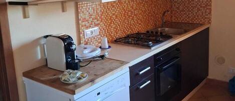 A compact kitchen with a dishwasher, stove, and a coffee maker on the counter.