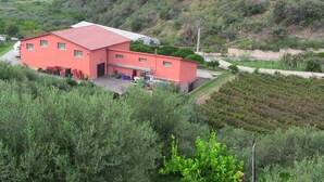 A red building with a flat roof, surrounded by greenery and a hillside.