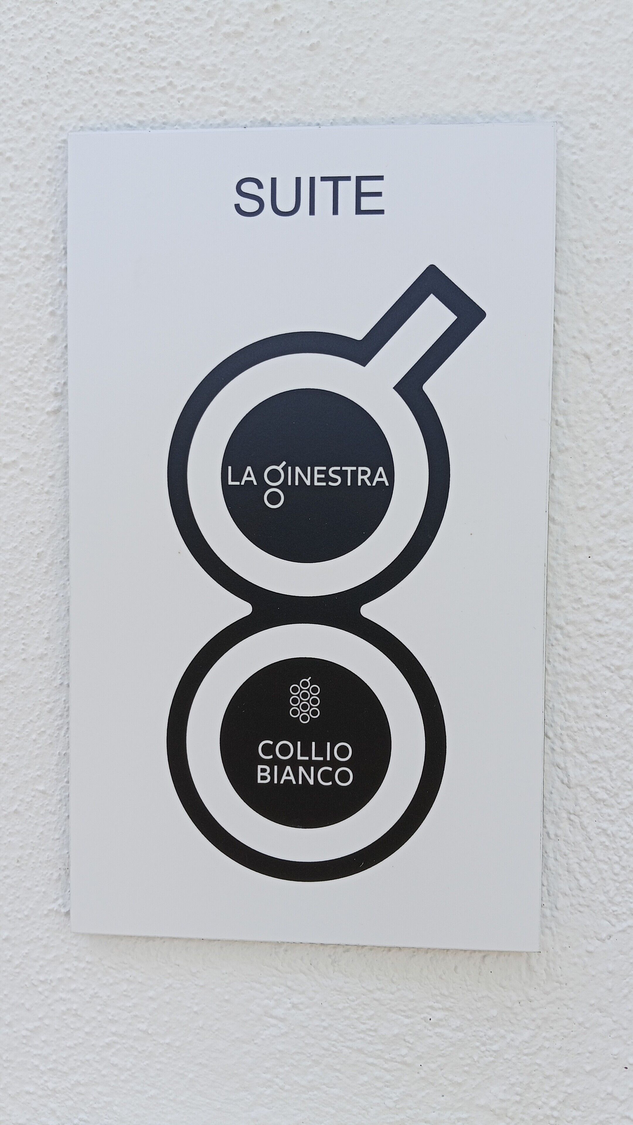 Une enseigne avec le mot « SUITE » en haut, « LA QINESTRA » au centre et « COLLIO BIANCO » en bas.
