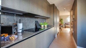 Una cocina moderna con encimera negra, electrodomésticos de acero inoxidable y vistas a una sala de estar con sofá y planta.