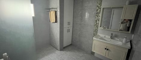 Hair dryer, towels, toilet paper