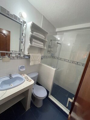 Hair dryer, towels, soap, toilet paper