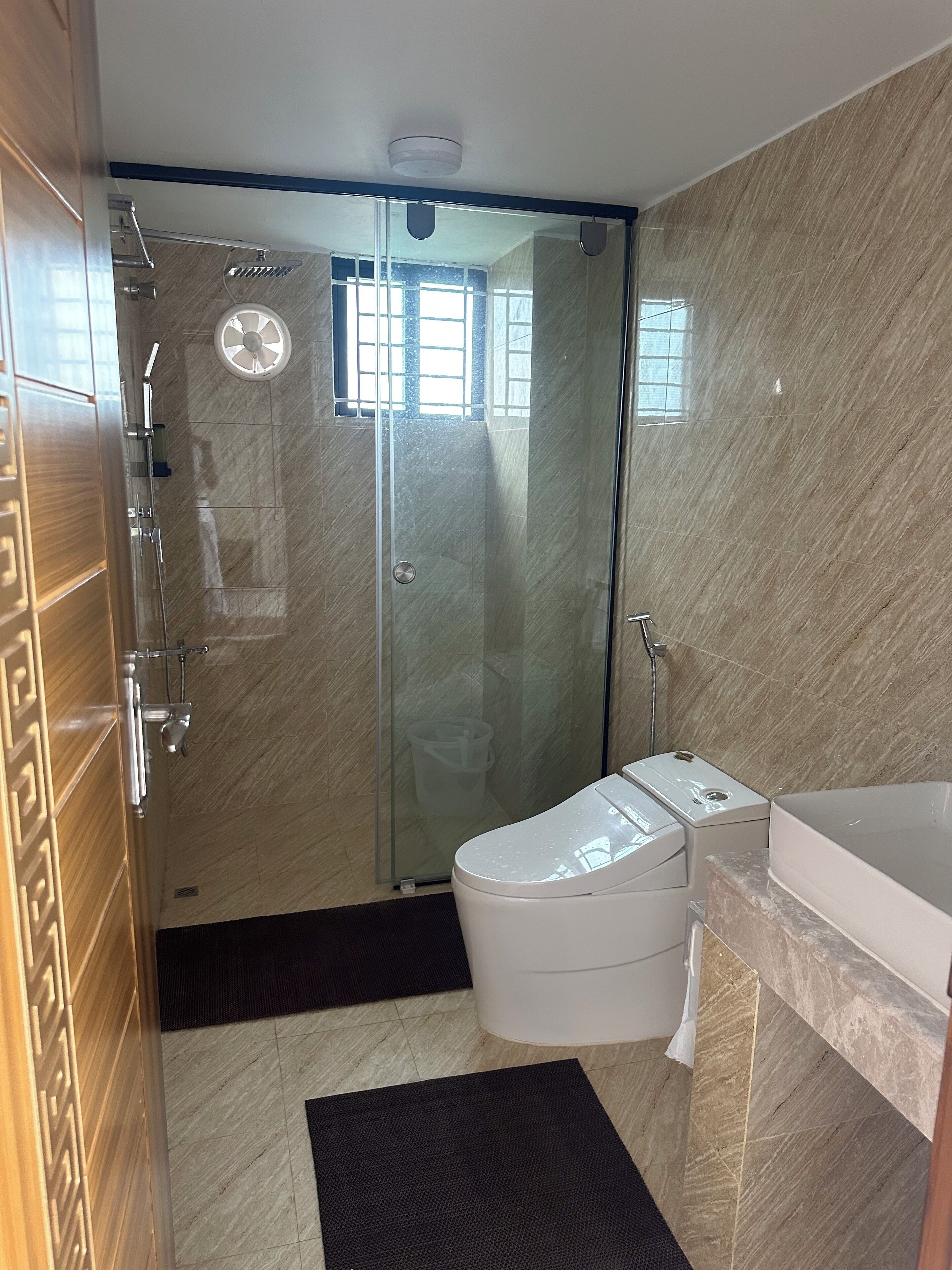 Shower, bidet, towels, soap