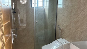 Shower, bidet, towels, soap