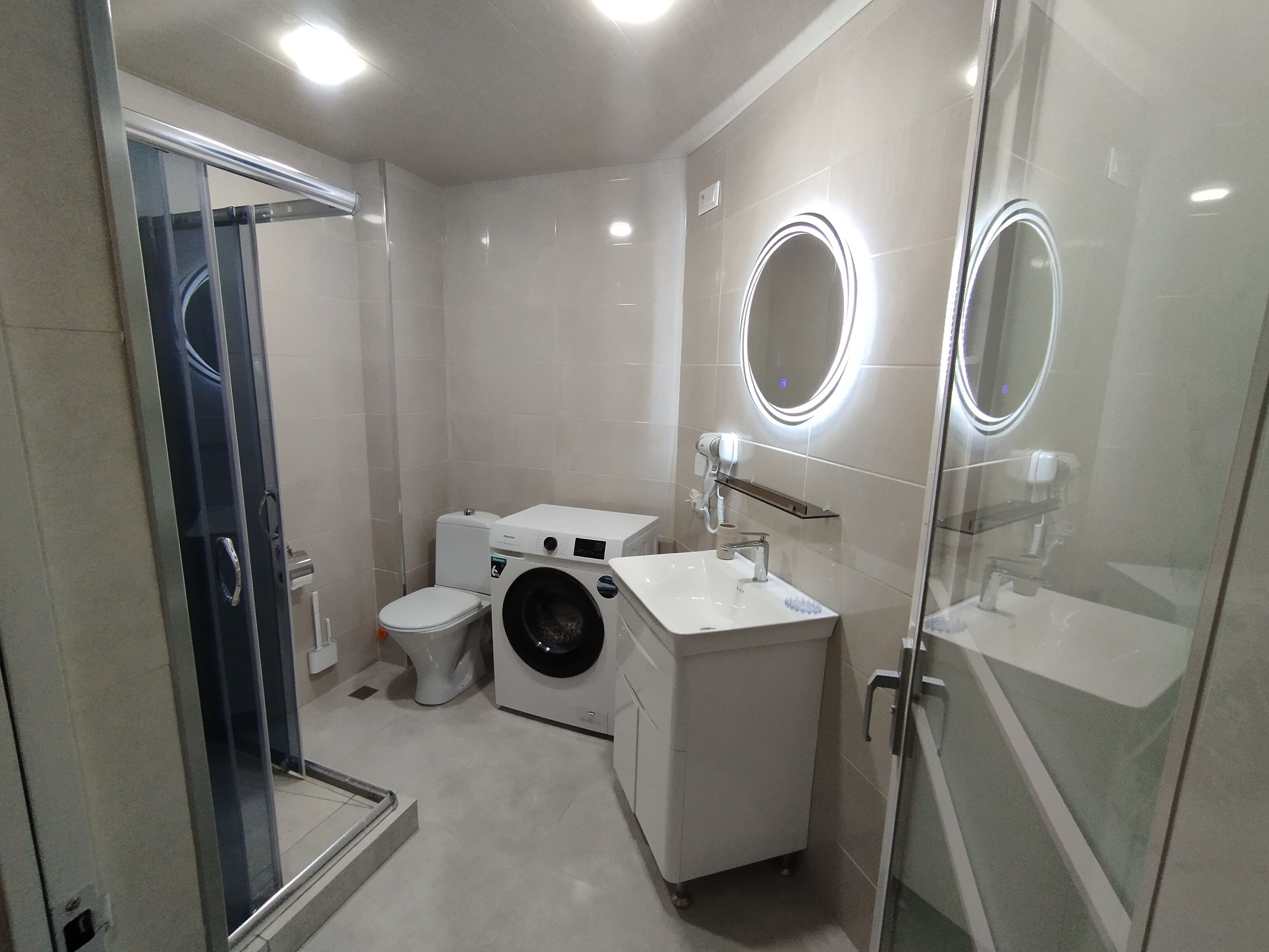 Hair dryer, towels, soap, toilet paper