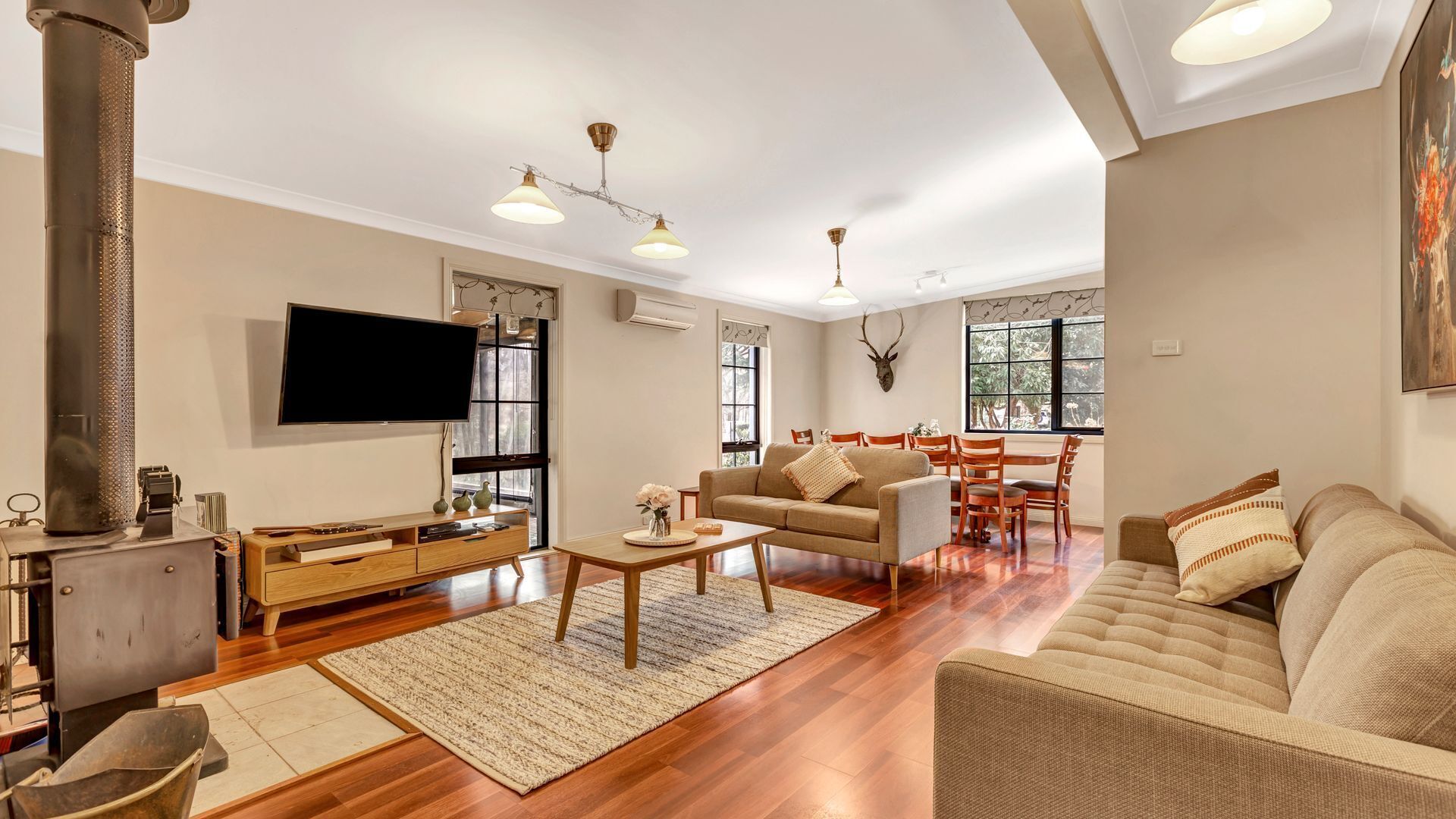 Una televisión, una chimenea, un reproductor de DVD