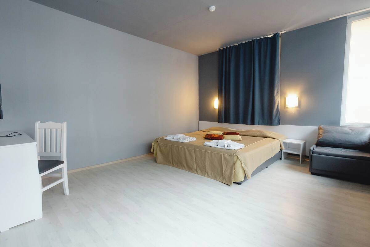 A hotel room with a bed, a desk, a chair, a sofa, and a window with curtains.