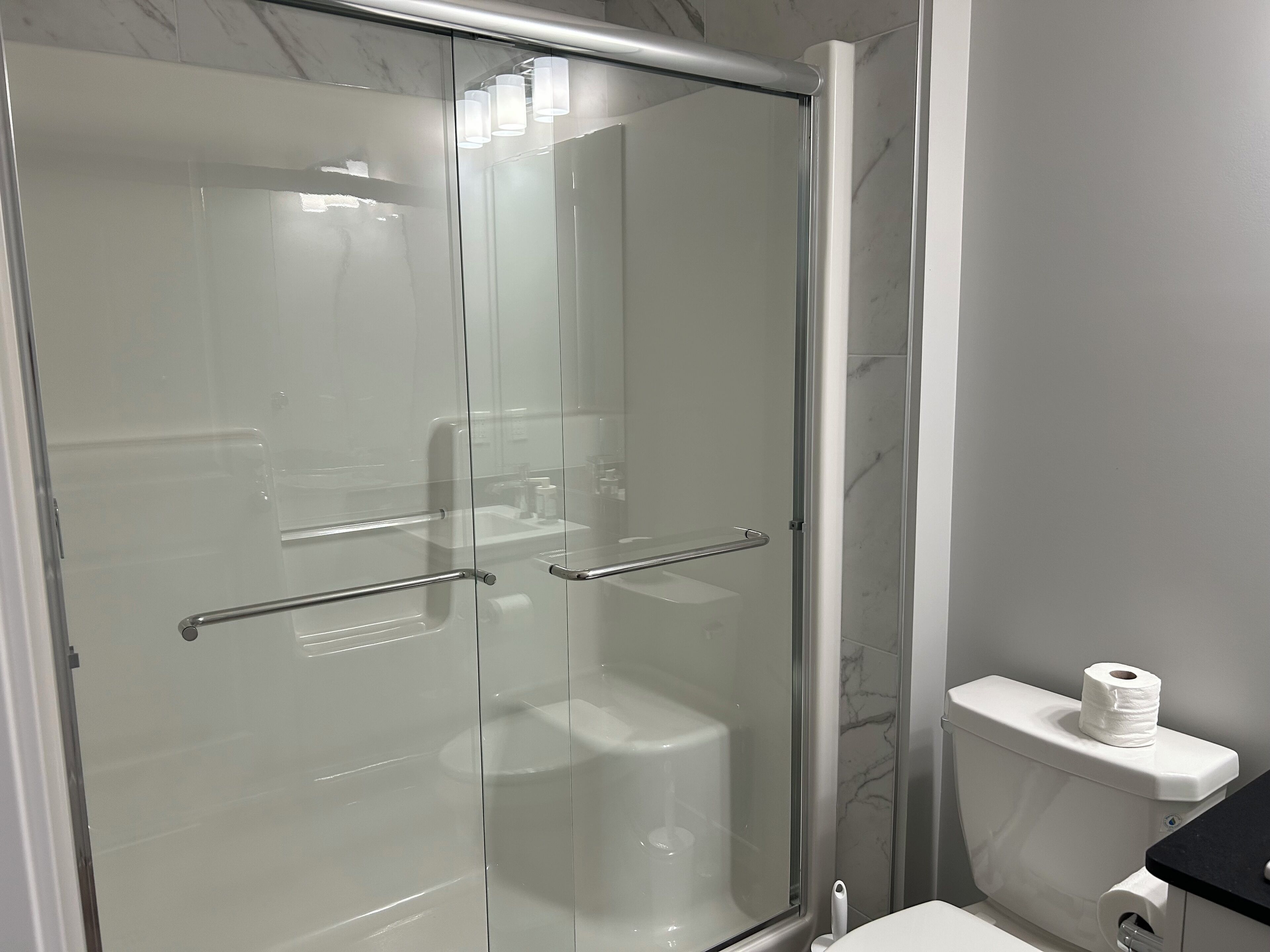 シャワー、タオル、石鹸、トイレットペーパー