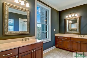 Shower, jetted bath, towels, soap