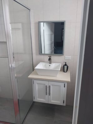 Shower, towels, soap, toilet paper