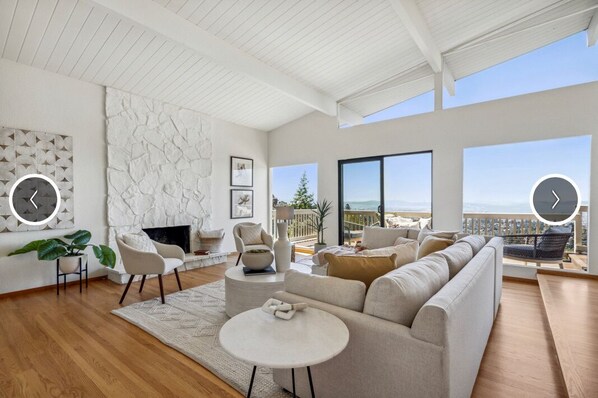 Smart TV, fireplace, books, printers