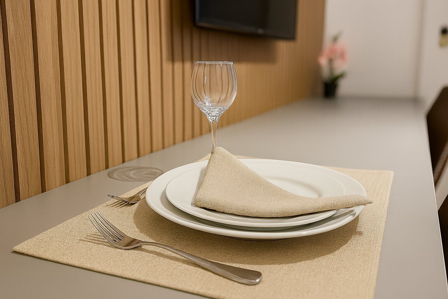 A neatly set dining table with a folded napkin, a wine glass, and cutlery on a textured placemat.