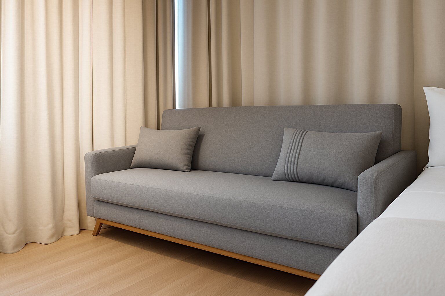A grey sofa with wooden legs and two pillows, positioned in front of beige curtains.