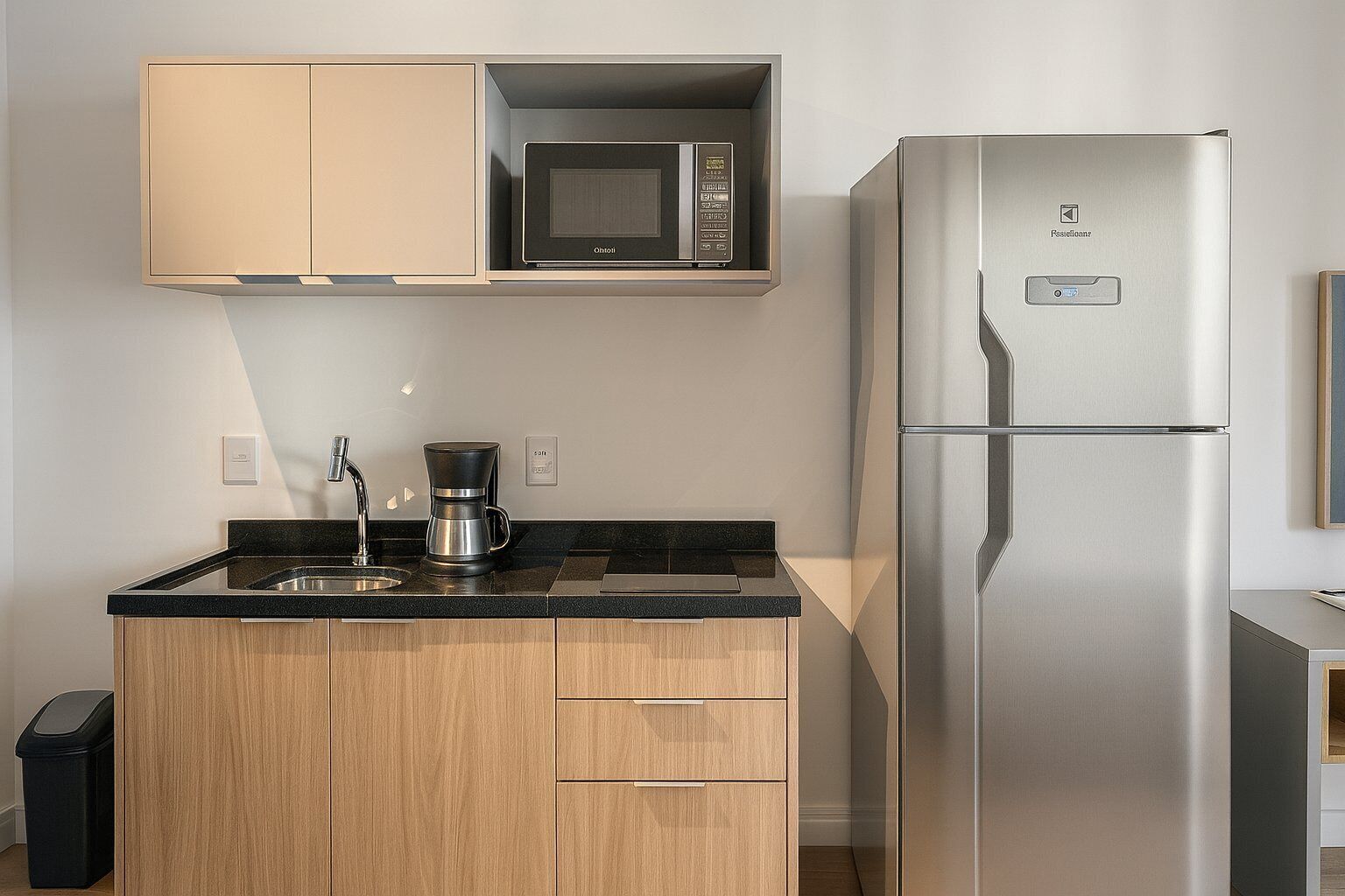 Una cocina moderna con un refrigerador de acero inoxidable, un microondas y una cafetera en la encimera.