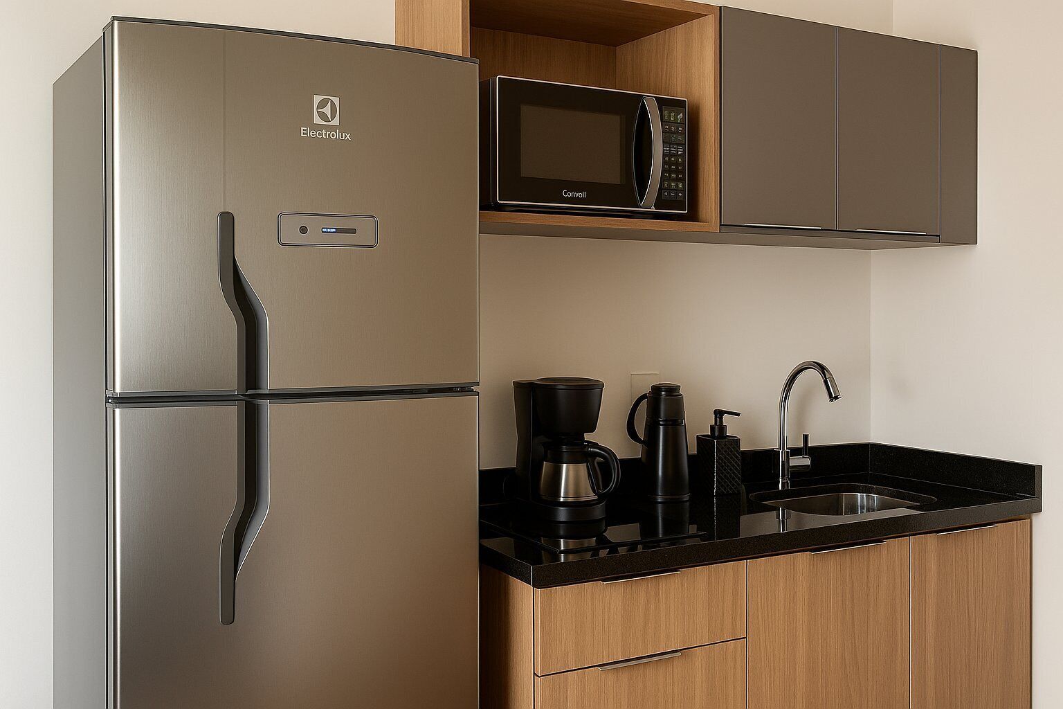 Una cocina compacta con refrigerador de acero inoxidable, microondas, cafetera y pileta.