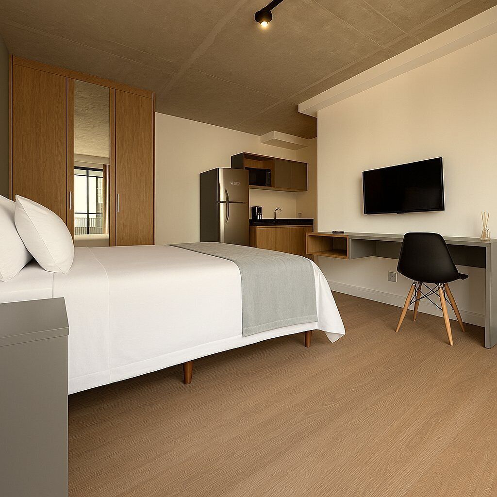 Escritorio, espacio para trabajar con laptop y cortinas blackout 