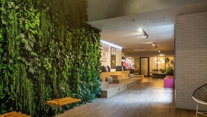 Un interior moderno con una pared verde, bancos de madera y una zona de estar con cojines.