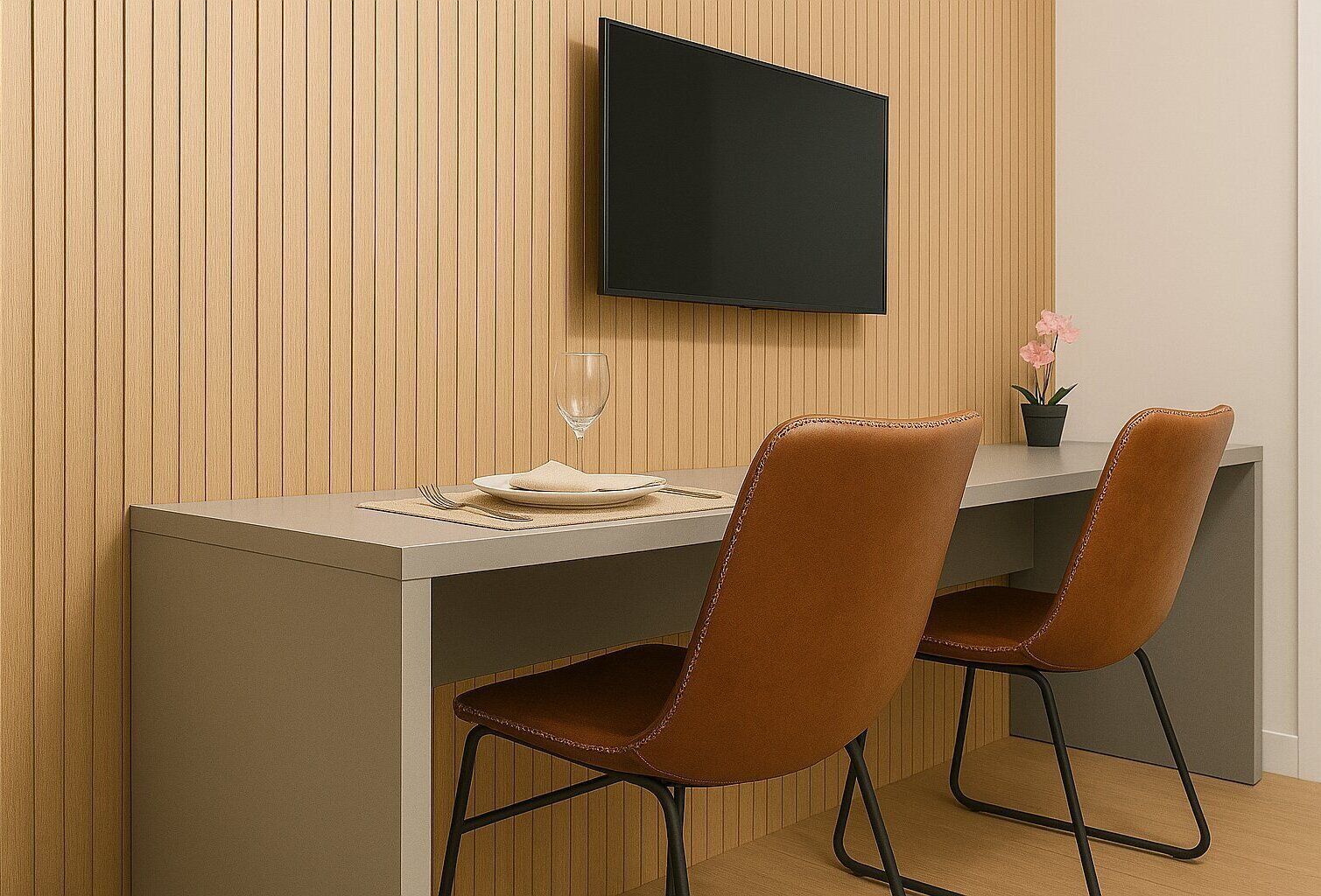 A modern dining area with a wooden panel wall, a flat-screen TV mounted above a table, two brown leather chairs, and a small potted plant on the table.
