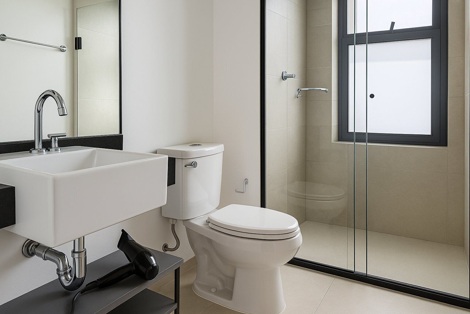 Un bagno moderno con lavandino bianco, water e box doccia in vetro.