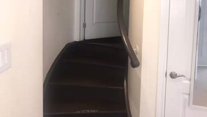 A staircase with a handrail leading to a white door. - Spacious 2 BR, 3 beds, sleeps 6, kitchen, laundry (Richmond Hill)