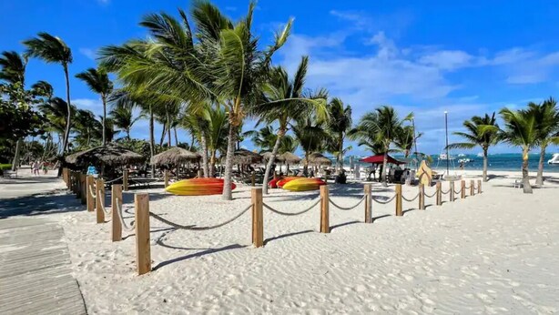 A sandy beach with palm trees, a wooden boardwalk, and a clear blue sky. - Punta Cana Beach Retreat-Costa Bavaro (Punta Cana)